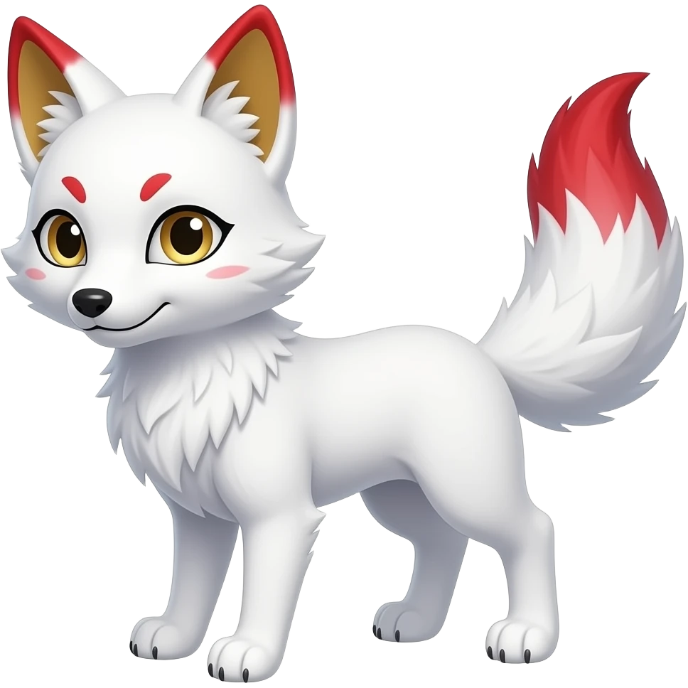 A white one-tailed Kitsune (Fox Form,) with red accents on his face, red and gold inside of his ears and pale golden eyes. Pure white paws, and a red tail tip. emoji