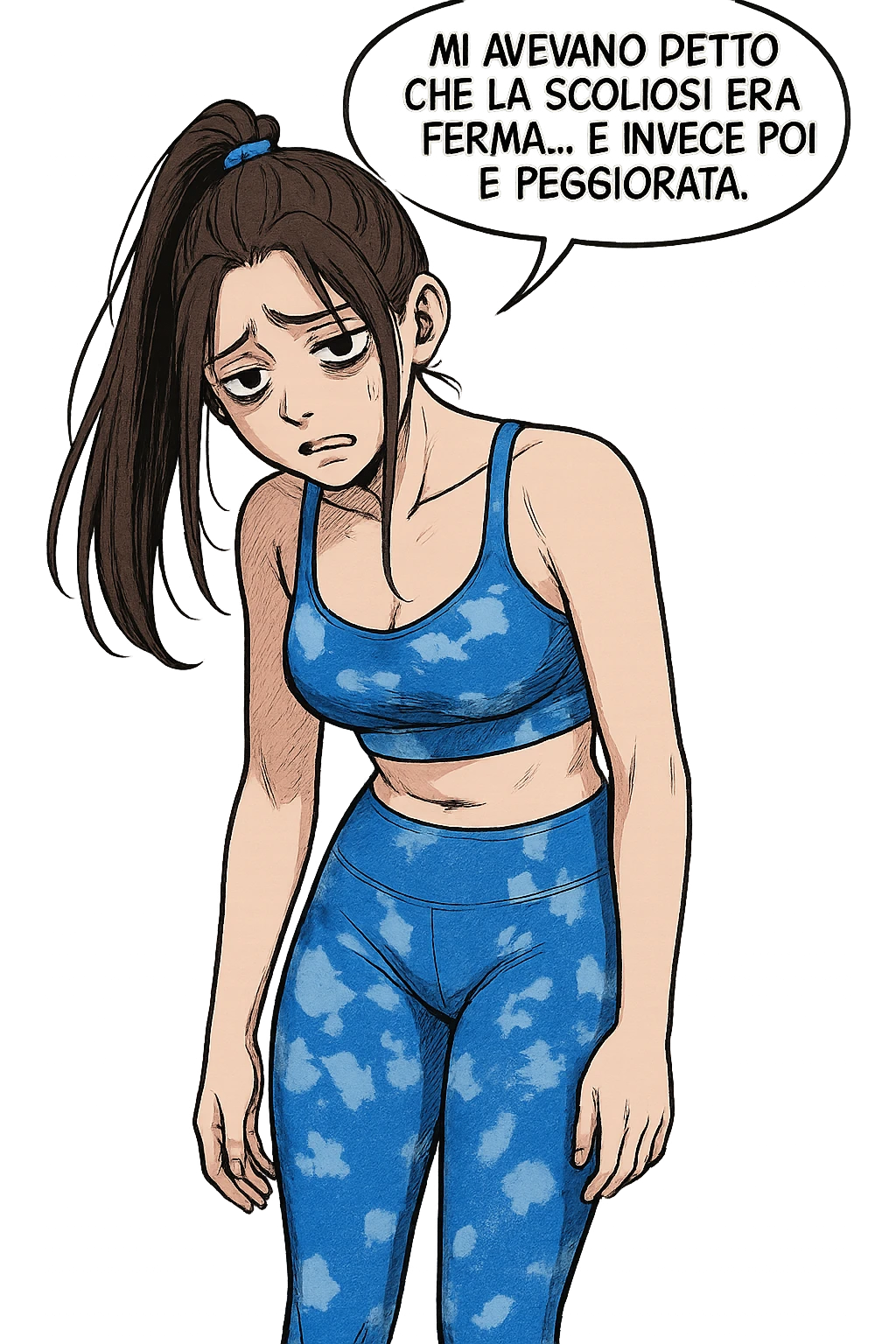fai questa immagine in versione fumetto/manga/webtoon, il manga mostra la donna disperata con un fumetto sulla testa che dice:
Mi avevano detto che la scoliosi era ferma… e invece poi è peggiorata.
 emoji
