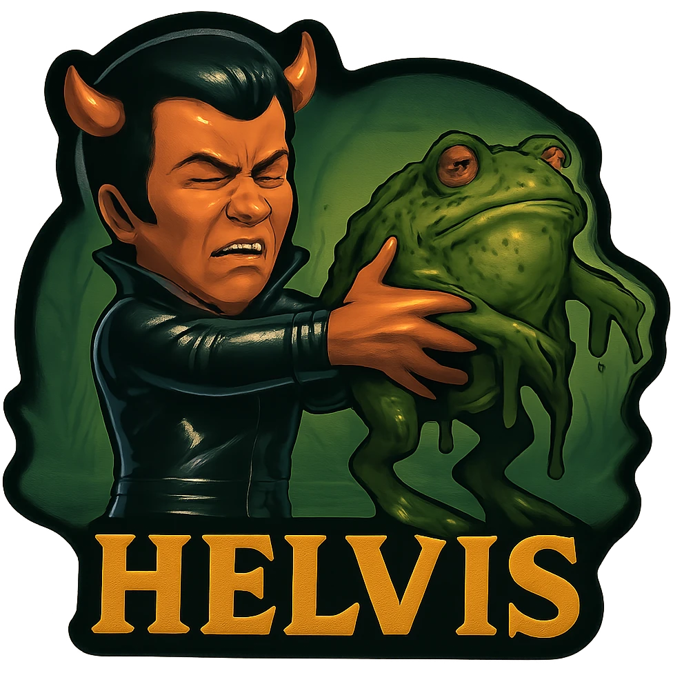 Remove the name text from the image. Dress the character in a black leather jumpsuit instead of white, keeping the short cape and very tiny horns. The character is holding a giant slimy toad away from himself with both hands and straight arms, head turned away in disgust, cringing. The background is swampy. The style is retro sticker with no borders on the sticker, maintaining a grim vibe. emoji