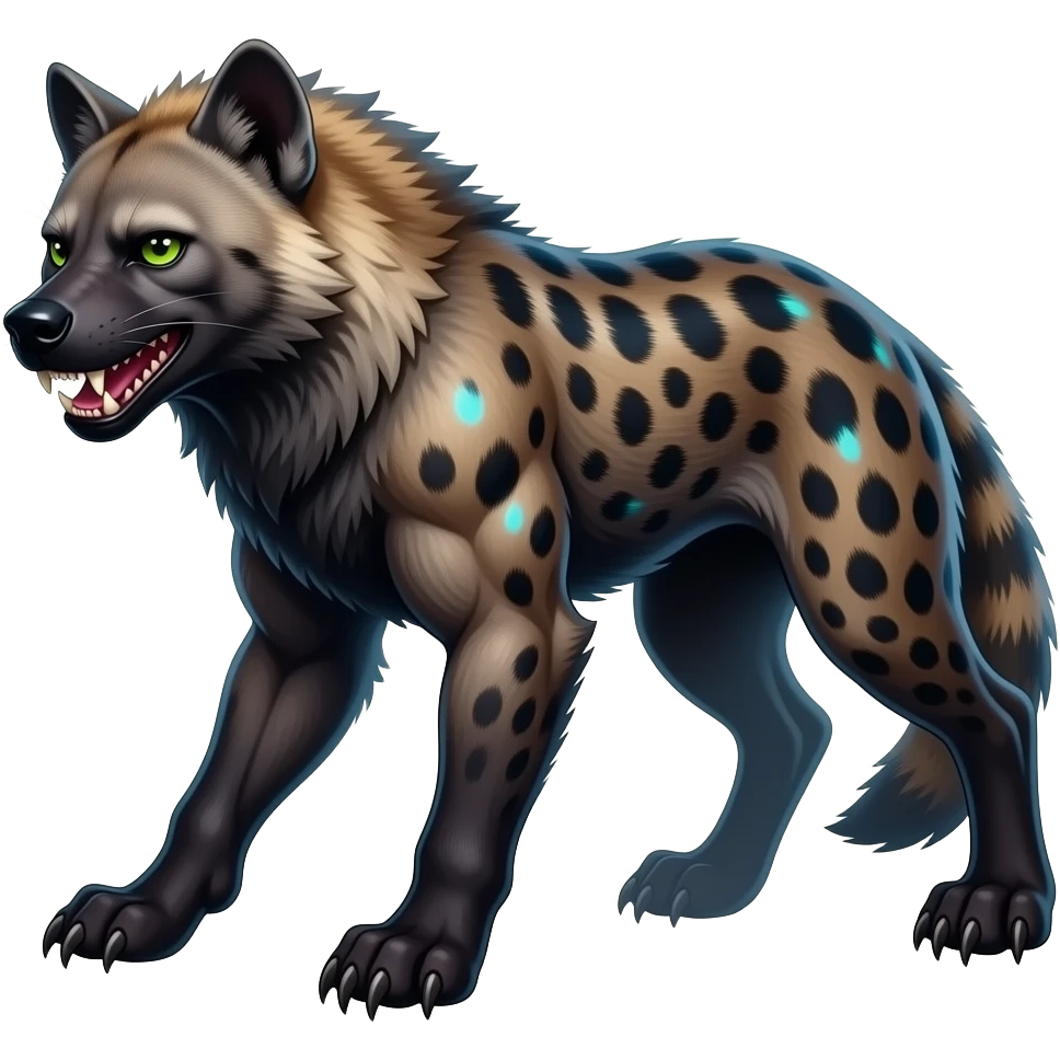 Shiny Colorful Dusky Dark Gloomy Glossy Aardwolf-Maned-Wolf-Genet-Bobcat-fusion-animal-hybrid-creature, full body emoji