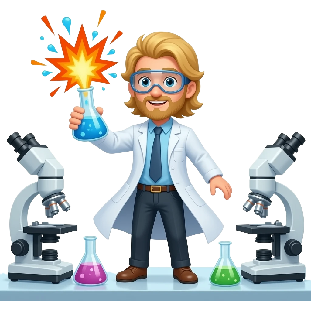 no facial hair male scientist with long blond hair wearing googles experiencing a flask explosion by his head emoji