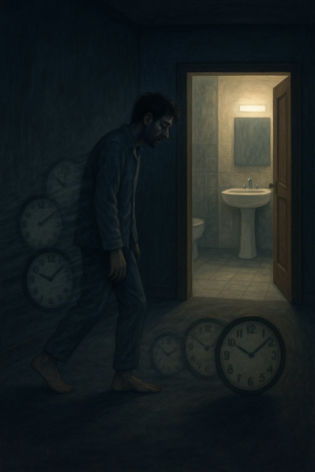 In una scena notturna onirica, un uomo cammina a piedi nudi in un corridoio buio verso un bagno illuminato, ripetutamente. Dietro di lui, come in una scia, ci sono orologi sfocati che simboleggiano il sonno interrotto. Ogni passo è lento, stanco, come se il corpo chiedesse riposo ma la vescica non lo permettesse. emoji