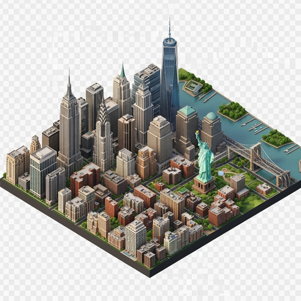 Isometric miniature of New York Сity Empire State Building, Chrysler Building, One World Trade Center, Statue of Liberty, Brooklyn Bridge, and Central Park chaotic low-rise blocks in outer boroughs 3D miniature effect and Tilt Shift effect, no cartoonish look, transparent background. emoji
