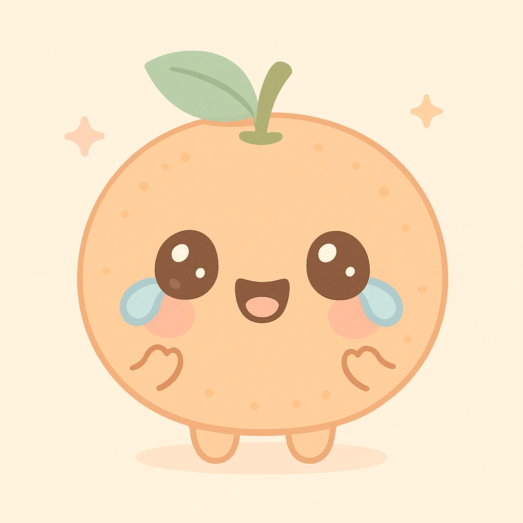 tangerine fruit with a laughing-crying expression, kawaii style, pastel colors, tiny hands emoji