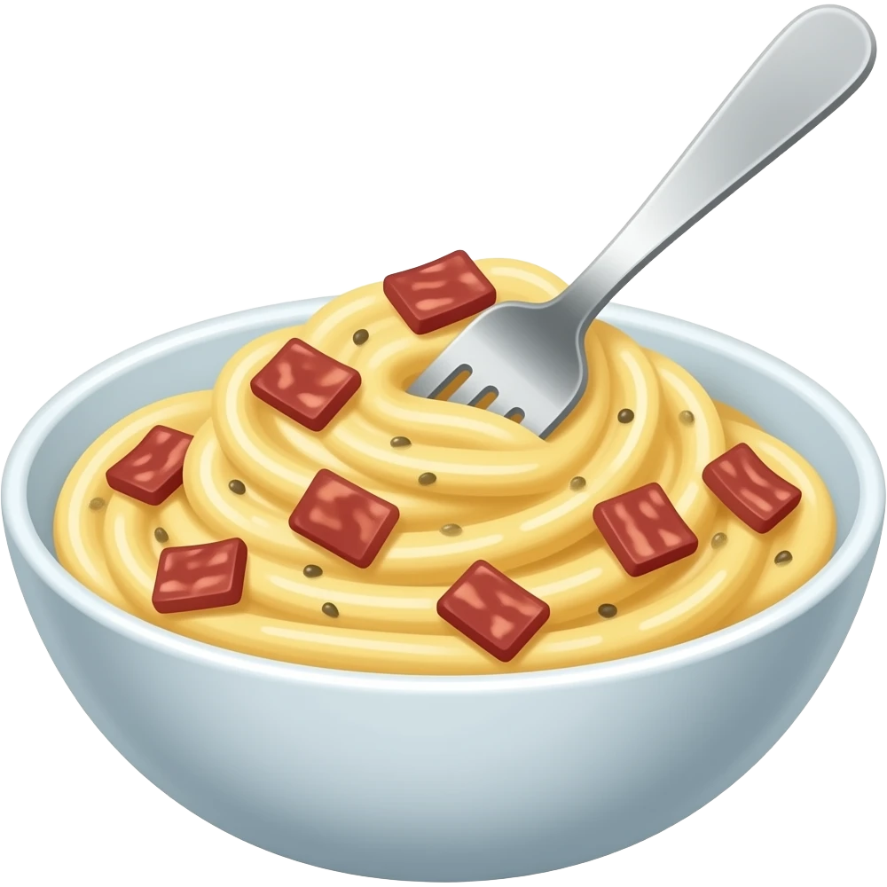 Carbonara with fork in a bowl with a lot of cream sauce and rectangular bacon bits emoji