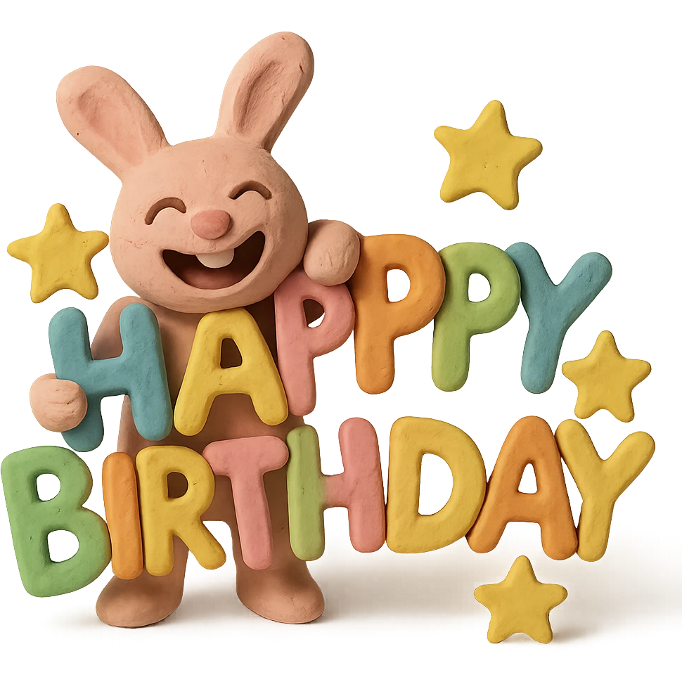 laughing bunny hugging "Happy Birthday" letters with stars, matte plasticine claymation style, visible fingerprints, pastel colors emoji