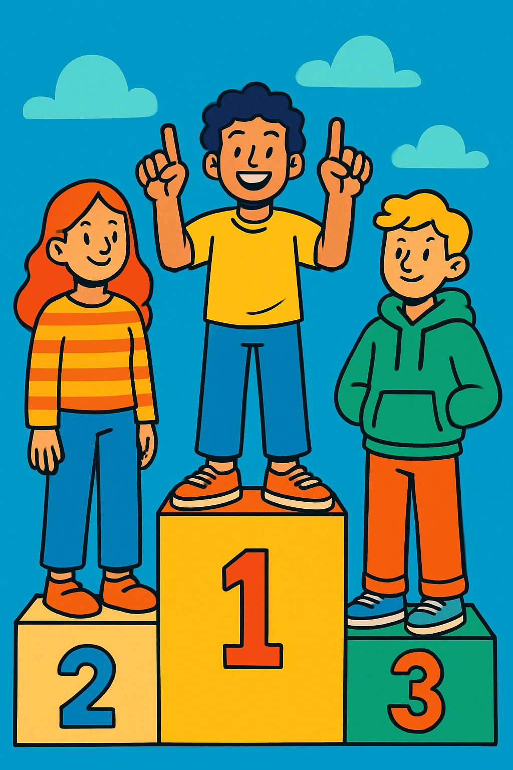 Winners’ podium with three people, numbers 2, 1, 3 left to right. All in relaxed, casual clothes. Center person on 1 step raises one finger on each hand. Cheerful, expressive, friendly style. emoji