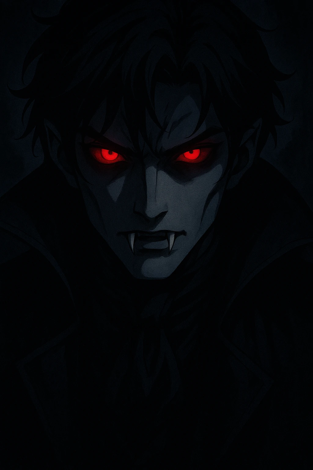 anime vampire face with glowing red eyes, deep shadows, mysterious aura, sharp fangs emoji