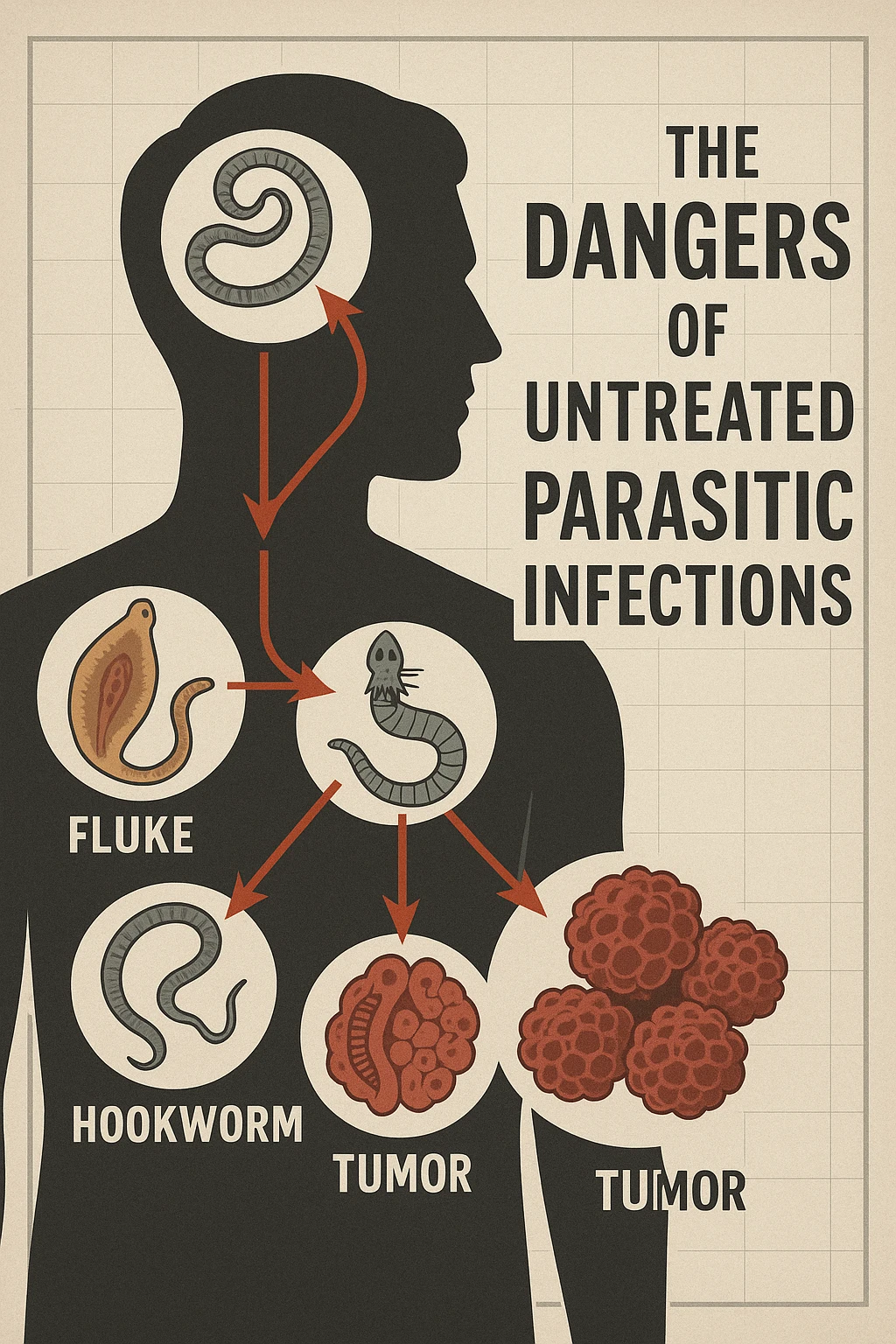 a man’s silhouette is filled with stylized images of parasites and tumor cells, connected by red lines or arrows to show cause and effect. The background features a medical chart or infographic about the dangers of untreated parasitic infections. The overall tone is serious and educational. emoji