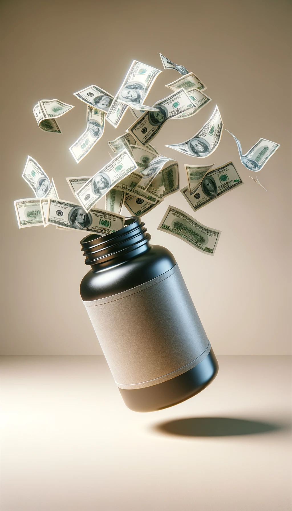 boccetta di integratore fluttua in aria, dalla boccetta aperta escono delle banconote, sfondo neutro chiaro, iperrealistico 4k emoji