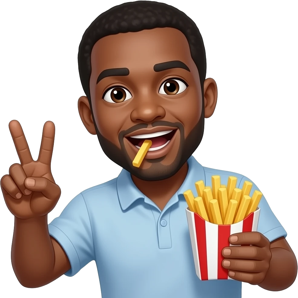 Black man holding french fries throwing up peace sign🧑🏾‍🦱 emoji
