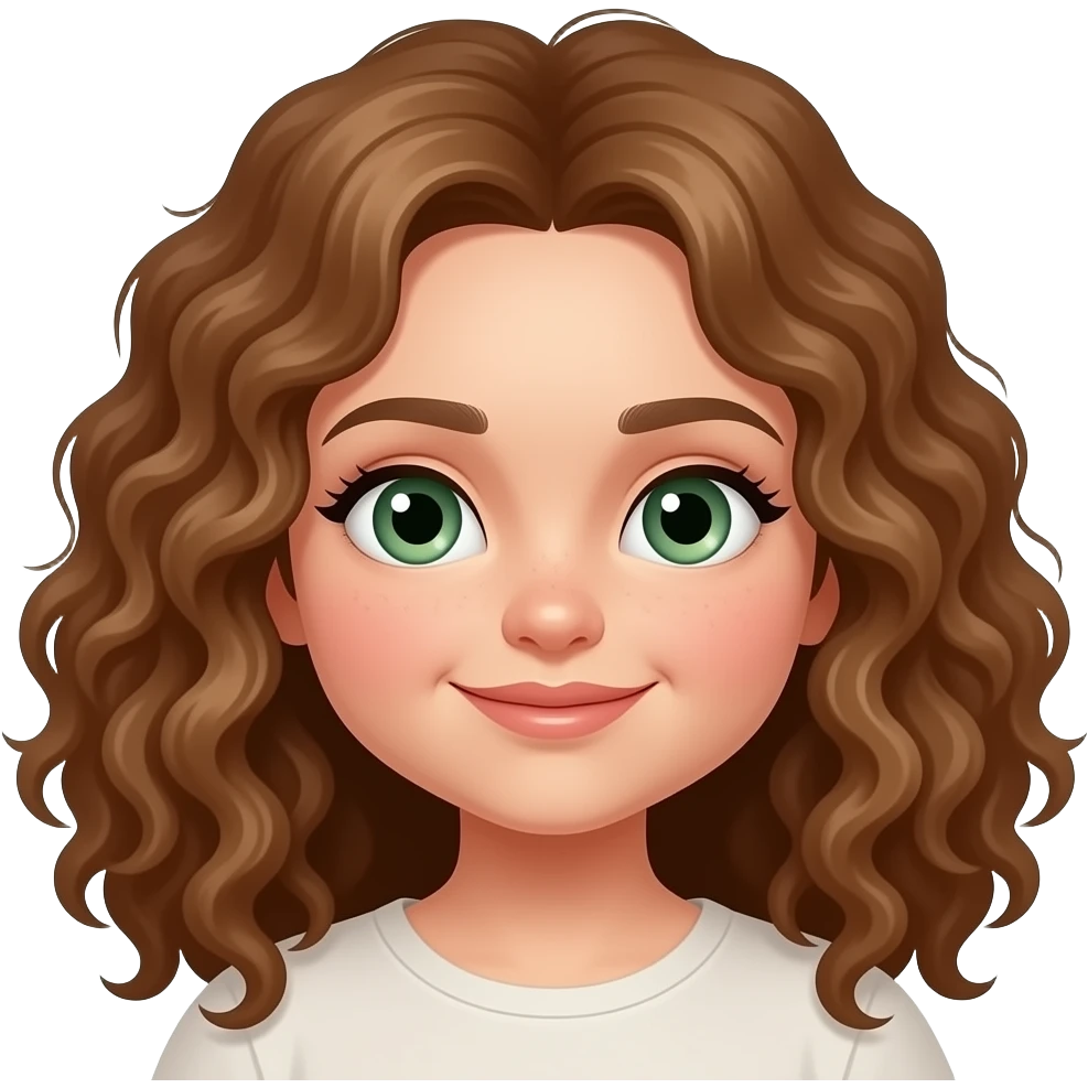 Create a fair girl with chubby cheeks and a mole under her right cheek, super curly hair and sage green eyes and emoji