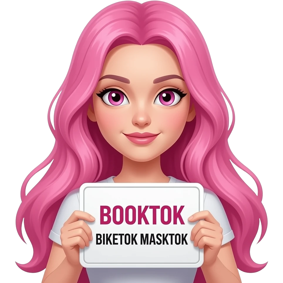 sexy girl with long pink hair and pink eyes holding a BOOKTOK BIKETOK MASKTOK sign emoji