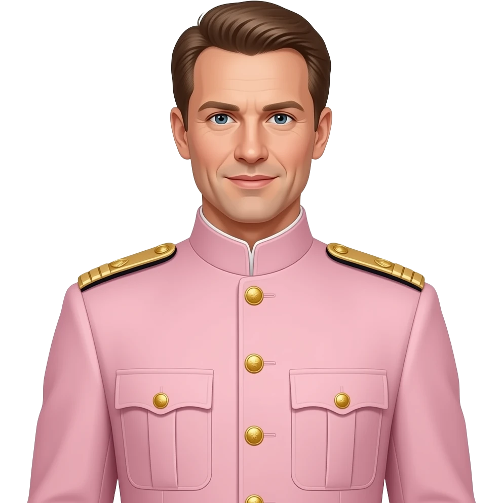 Fashion inspired British royal guard, isolated, centered, no background, tailored blush pink ceremonial coat, gold buttons, elegant London luxury aesthetic emoji