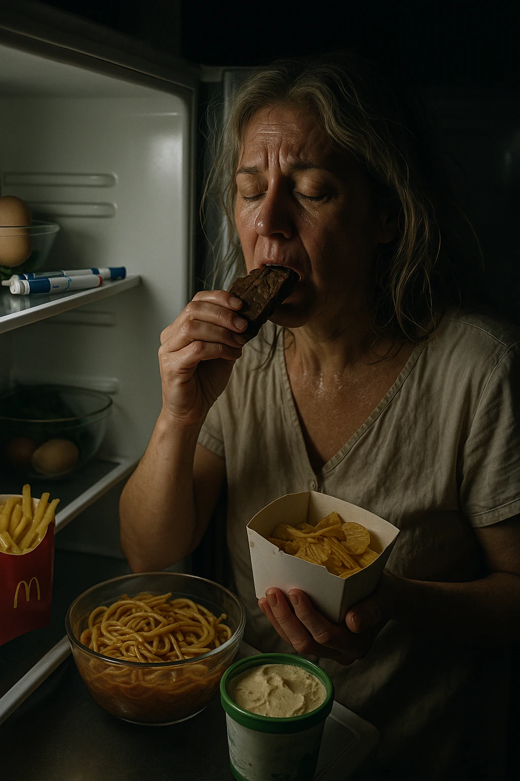 Menopausal woman binge-eating at 2AM after night sweat, fridge light illuminating insulin pens emoji