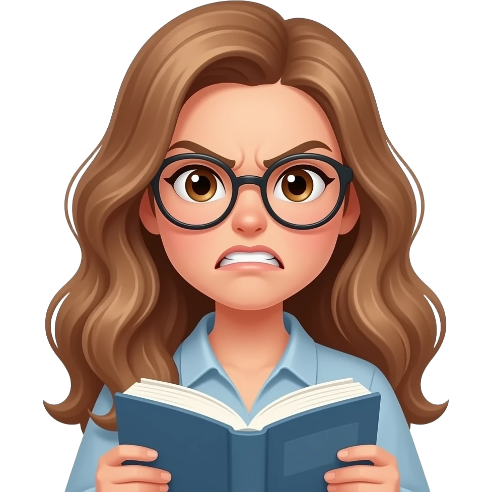 detailed emoji illustration of a curvy woman with long light brown wavy hair, light brown eyes and round glasses holding a book with an angry expression, frustrated by the story, cute emoji style emoji