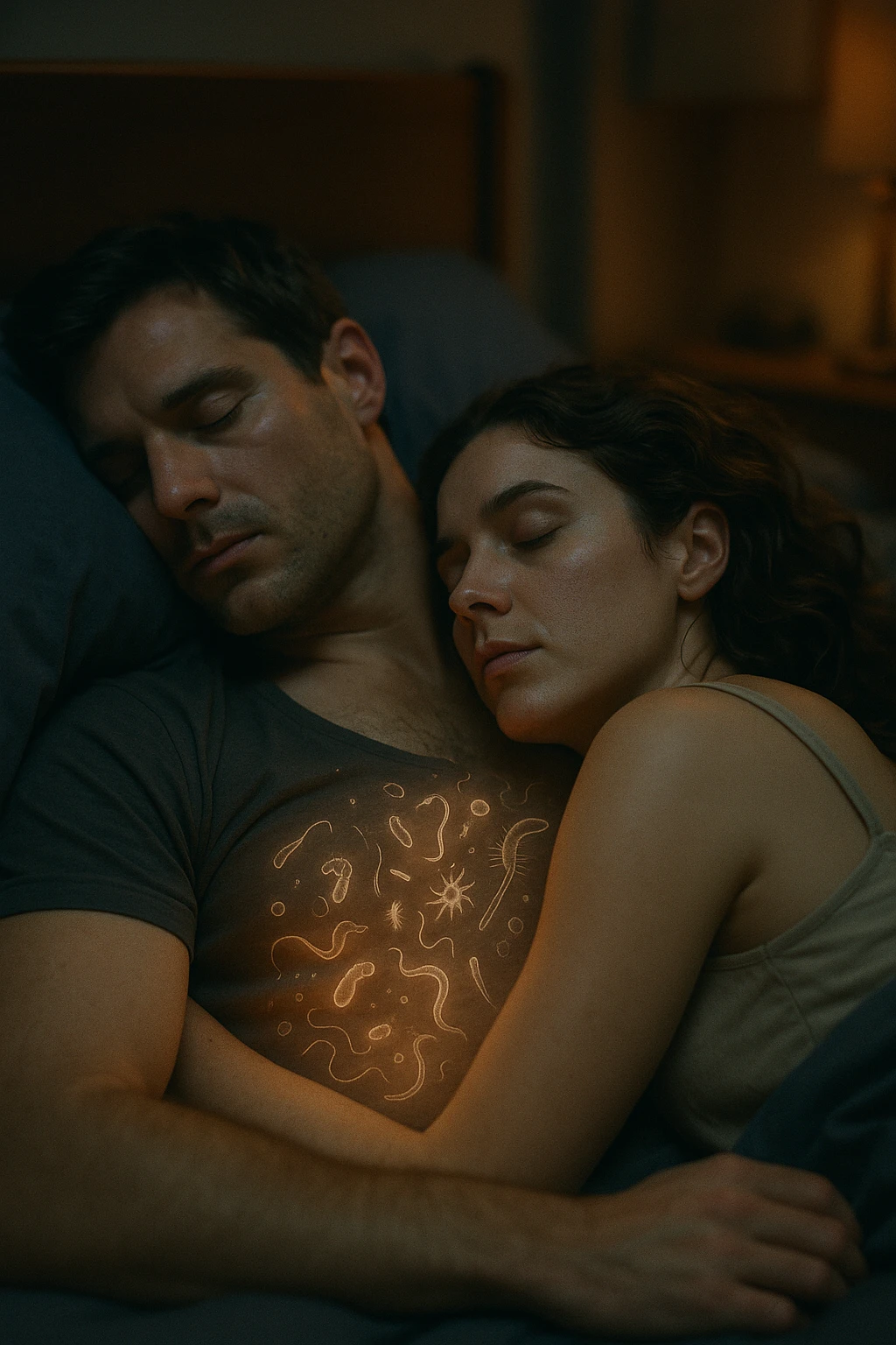 A hyper-realistic, cinematic image of a man and a woman sleeping together in the same bed under soft, dim night lighting, with their bodies close and touching. Their skin appears slightly illuminated where it touches, and under a subtle x-ray style overlay, faint ghostly silhouettes of microscopic parasites and worm-like organisms are visible crawling transdermally between their bodies, symbolizing silent, unnoticed parasite transmission during sleep. The environment is a cozy bedroom with warm tones, but the presence of the glowing parasites creates a slightly unsettling feeling, emphasizing the hidden danger. Their faces are calm, unaware, symbolizing the unconscious nature of the transmission. The image is detailed with a 35mm film hyperrealistic aesthetic, focusing sharply on the point of contact between their skin where the parasites pass, while the background remains softly blurred. The color palette uses muted warm browns and soft moonlight blues to maintain a nighttime, intimate feeling, contrasting with the translucent, glowing parasites to illustrate the hidden risk of transdermal parasite transmission while sharing a bed emoji