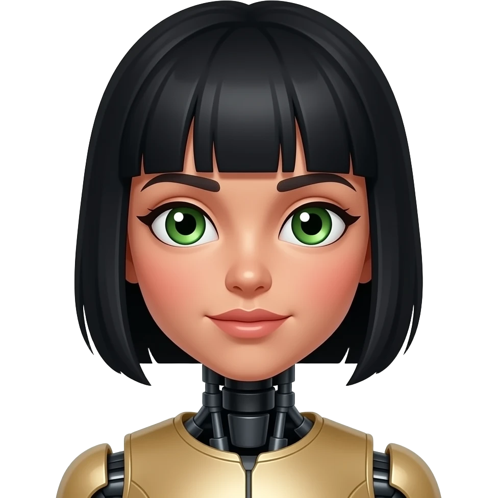 very pretty robot girl with green eyes and black hair, redish cheecks and high heekbones with bangs with a longer face and olive skin, make only neck and top of shoulders show emoji