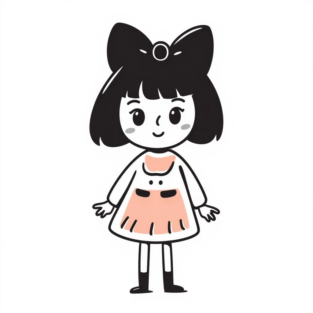 cute girl with blunt bangs, mid-short hair, big eyes, hand-drawn doodle style, big bow, pastel colors, kawaii look emoji