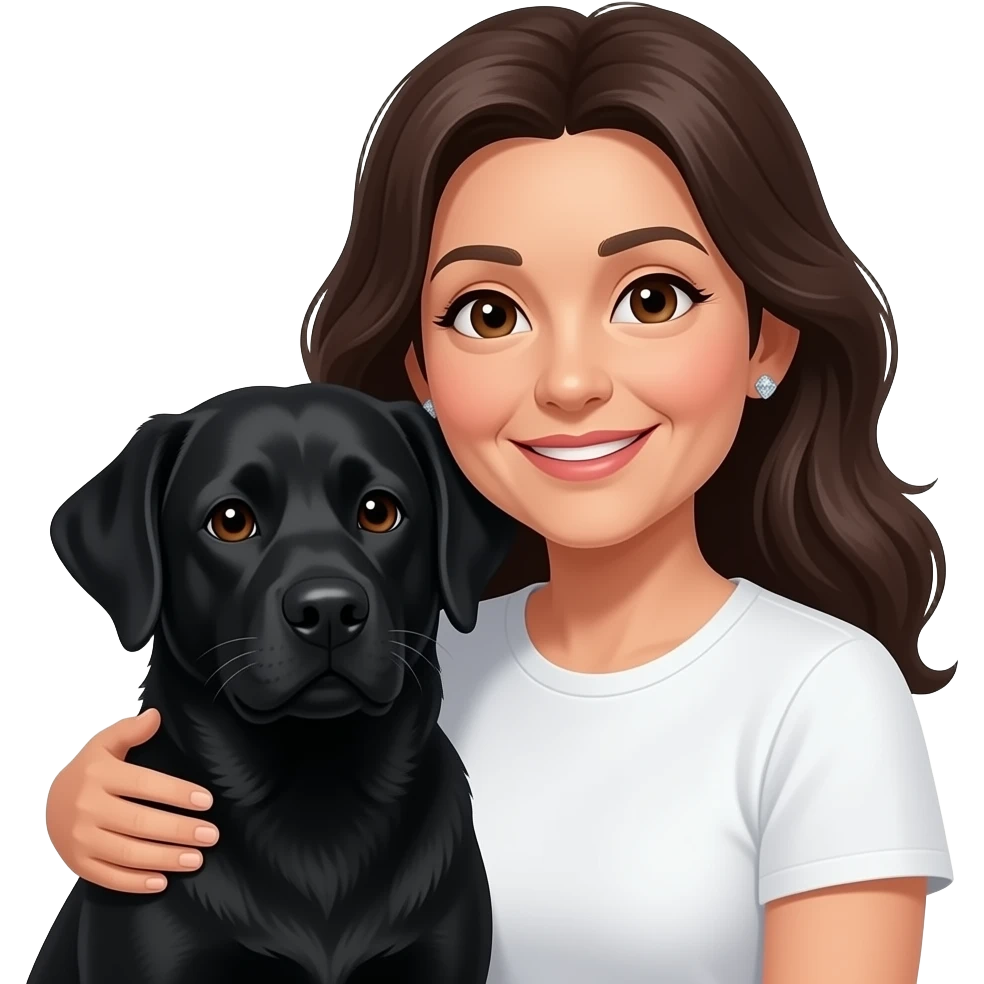 woman, 60s aged, long dark hair, small diamond earrings, brown eyes, cuddling black adult labrador, white t-shirt emoji