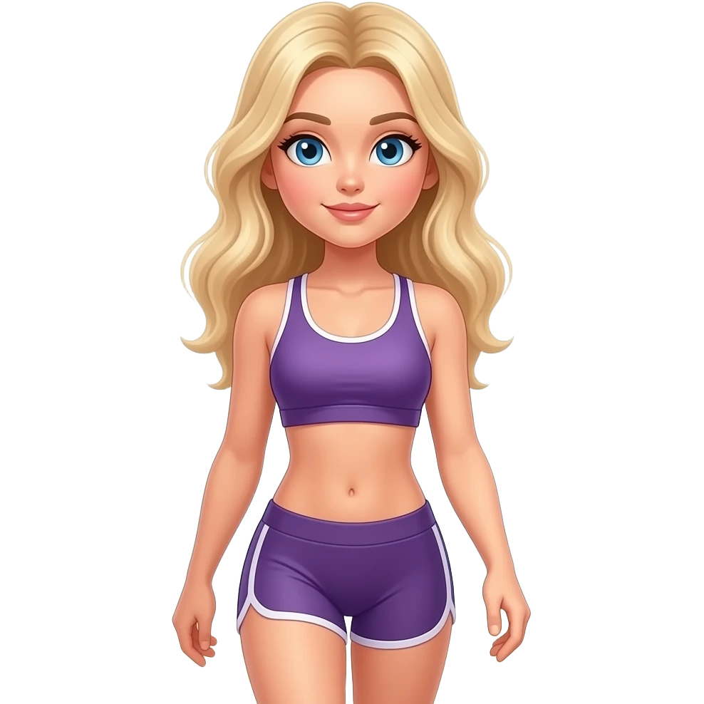 Cute long blonde hair blue eye gym girl in Berry gym wear walking on the beach emoji