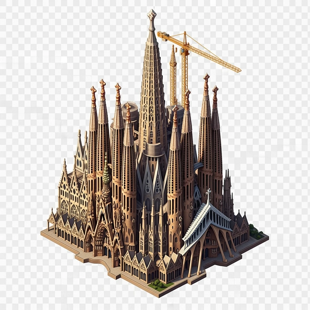 Isometric illustration photorealistic Sagrada Familia with intricate spires, highly detailed in semi-realistic style, balanced between stylized and realistic, 3D miniature effect, transparent background. emoji
