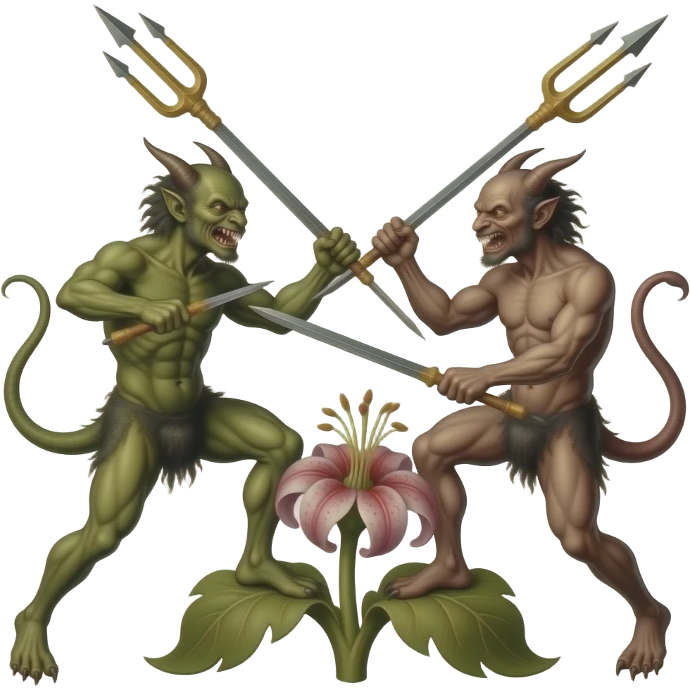 two phantasmagoric creatures from Hieronymus Bosch's paintings from scenes from Hell, fighting and stabbing each other with tridents emerging from the pistil of a flower emoji