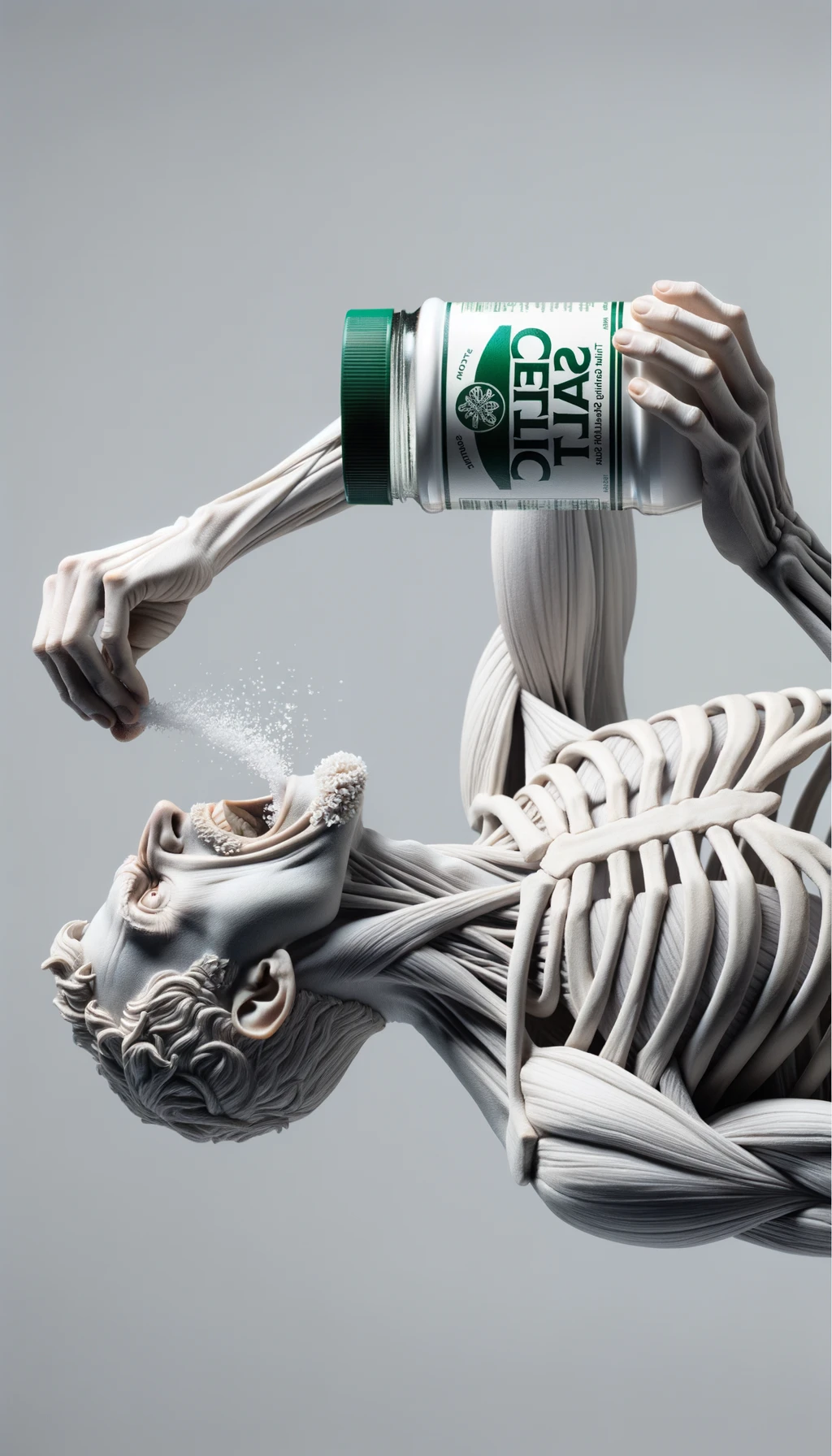 A REALISTIC ANATOMIC human body holding a jar with "CELTIC SALT" written on the label, he throws it in his mouth DURING BREAKFAST, NEUTRAL CLEAR BACKGROUND emoji