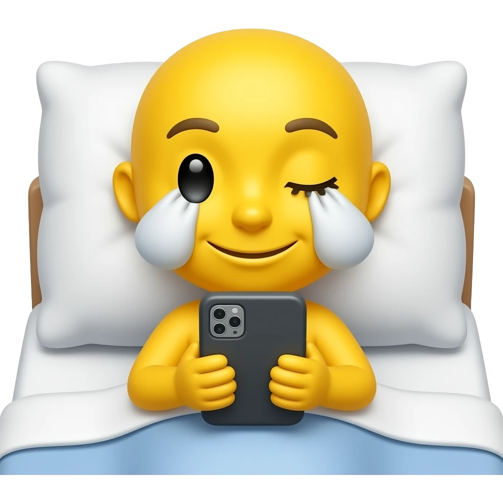 Cute & funny good morning yellow emoji face that looks tired with bags under eyes and has only one eye open and the other eye shut reading phone messages in bed emoji