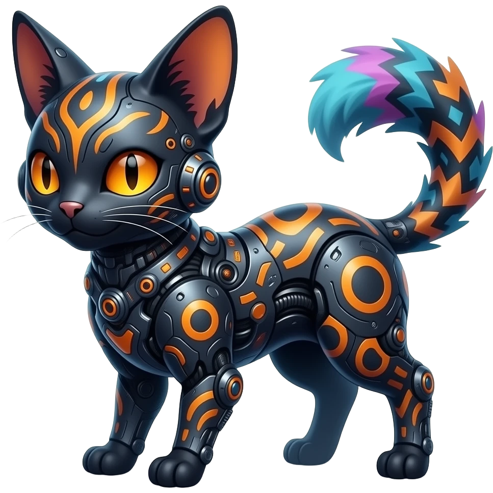 Rare warm-colored exotic edgy epic aesthetic gloomy spooky dark modern colorful cyber-Genet-Trico-species-Fakemon-hybrid-creature, with beautiful intricate markings, full body emoji