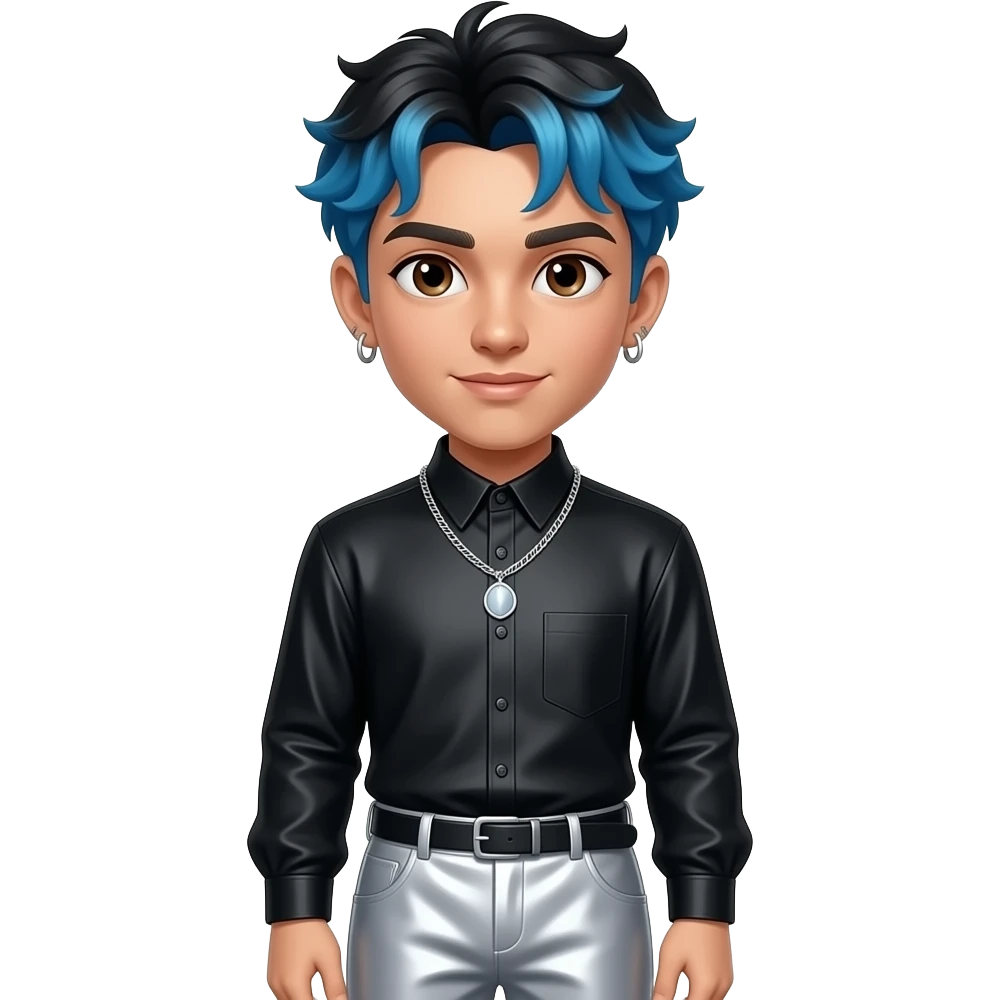 Rauw Alejandro with brown eyes, black hair with periwinkle blue dyed, black metallic high neck shirt, silver metallic baggy pants, necklace and earrings emoji