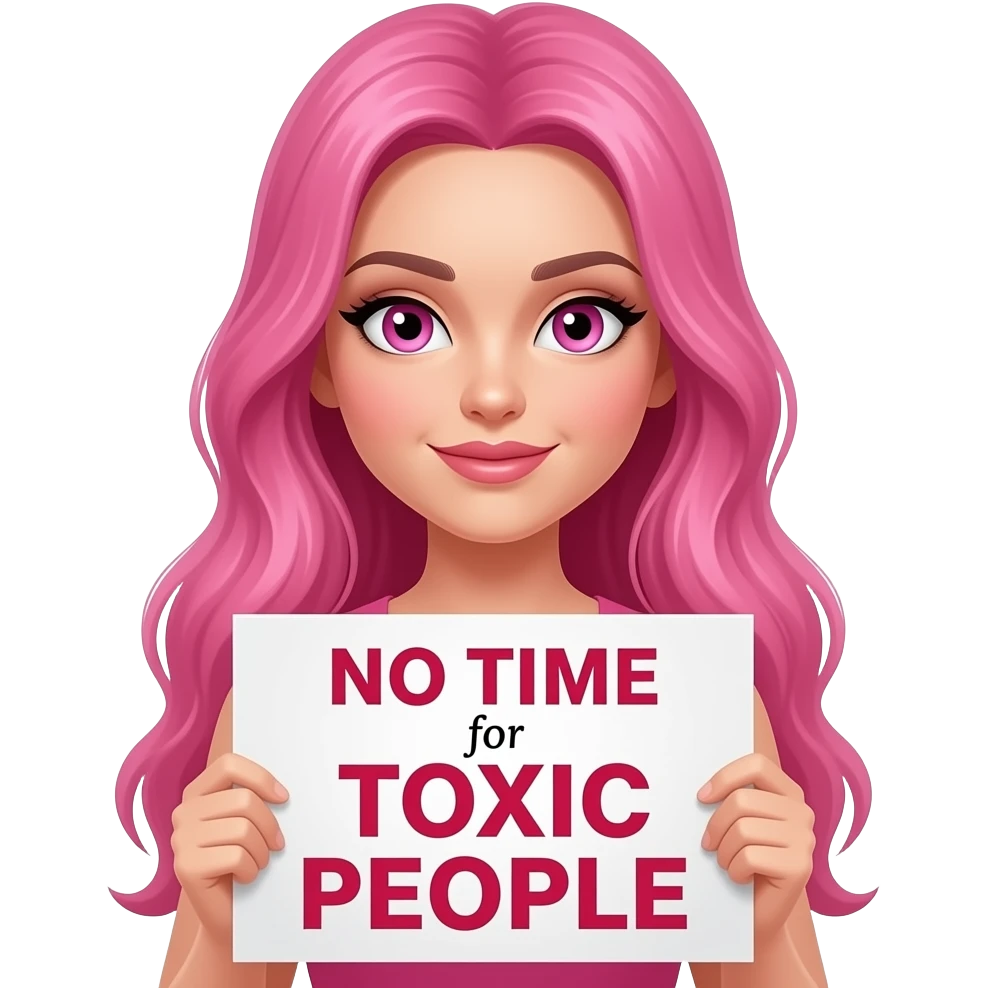 sexy girl with long pink hair and pink eyes holding a NO TIME for TOXIC PEOPLE sign emoji