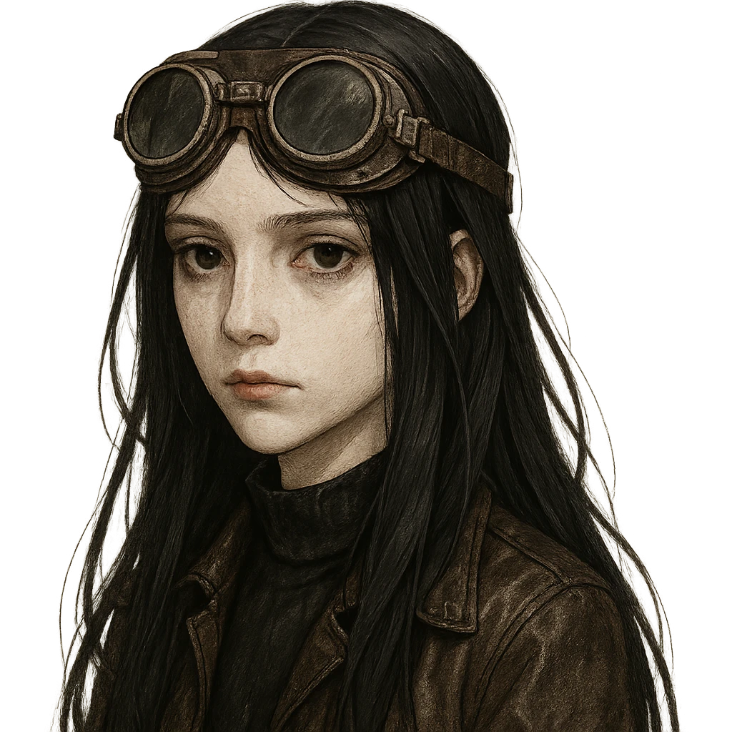 pale girl with long black hair wearing driving goggles, detailed character portrait emoji
