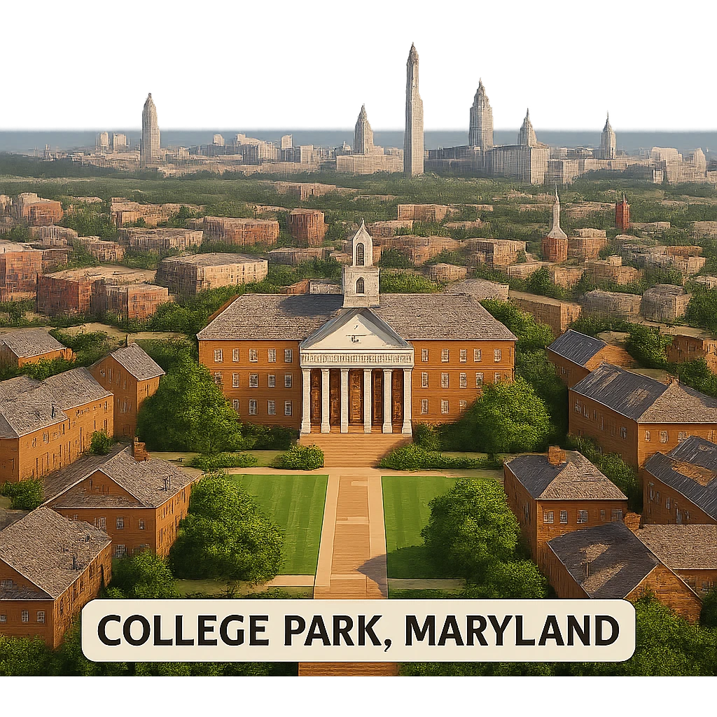 cinematic realistic emoji of College Park, Maryland, panoramic cityscape with University of Maryland campus, Washington DC landmarks in the distance, lifelike detail, accurate colors, bright daylight, no sky, no clouds emoji