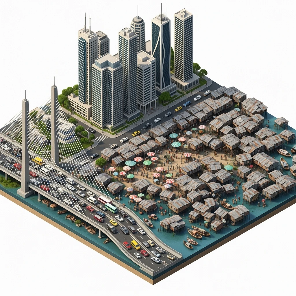 Isometric miniature of Lagos Lekki-Ikoyi Bridge, Eko Atlantic skyscrapers, Makoko slums, tin-roof shacks, chaotic markets, gridlocked traffic, 3D miniature effect and Tilt Shift effect, no cartoonish look, transparent background, don't cut angles emoji