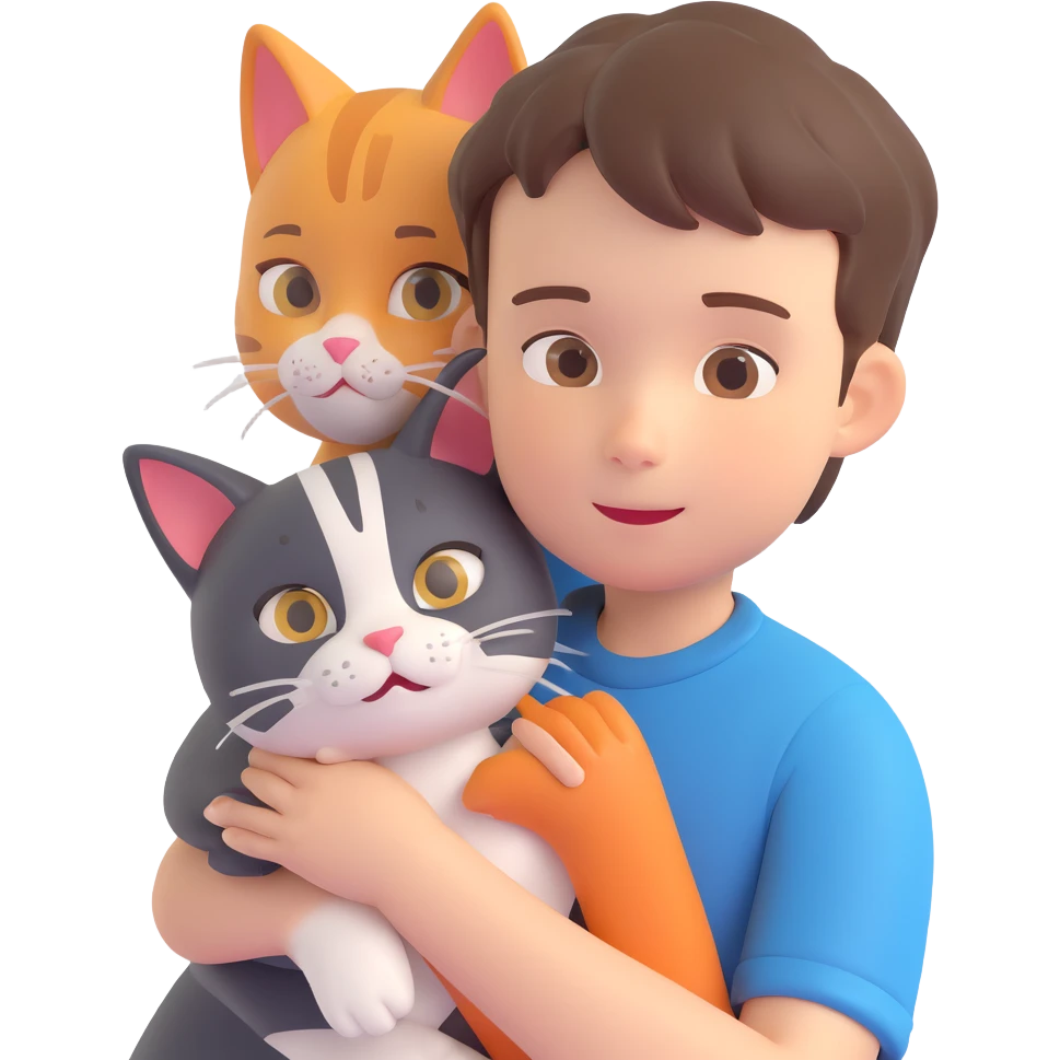 boy and cat pet in forrest background, close up pose emoji
