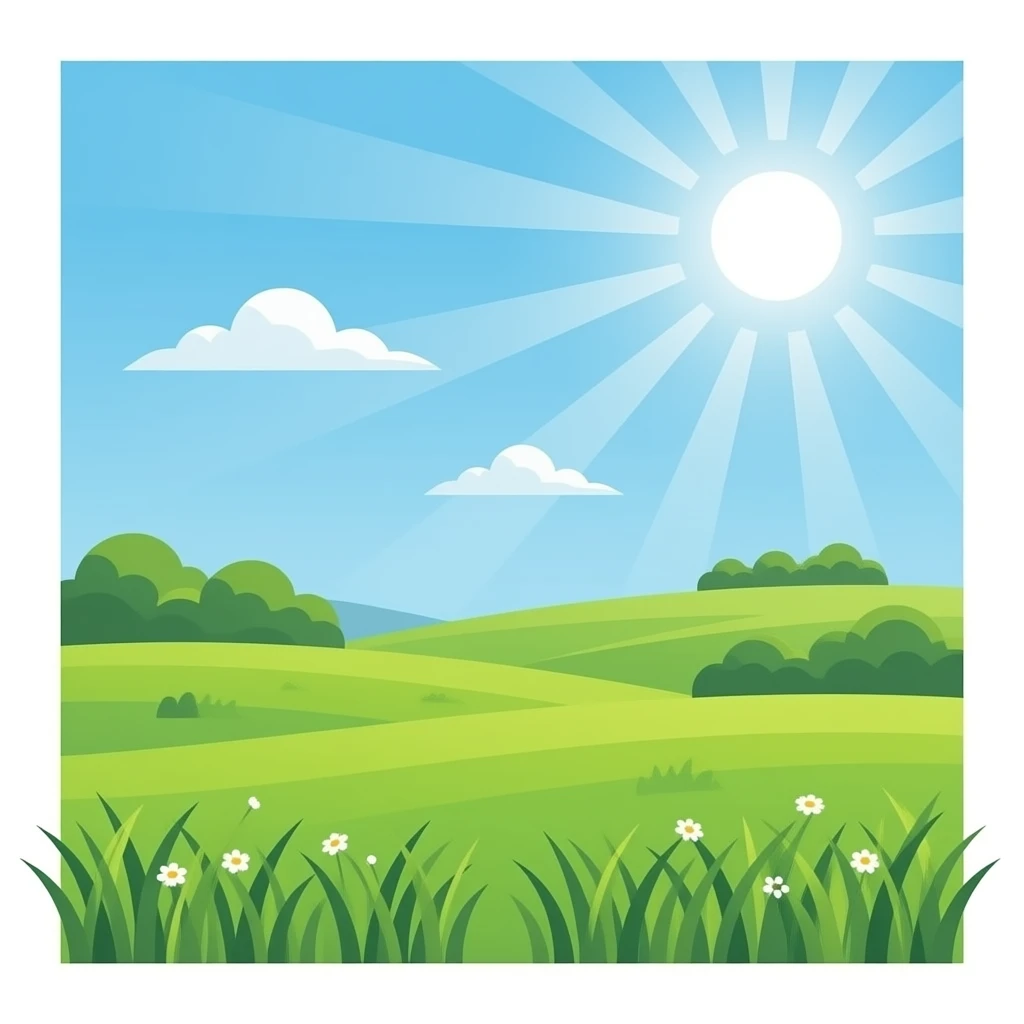нарисуй поле с зеленой травой и солнечными лучами в небе emoji