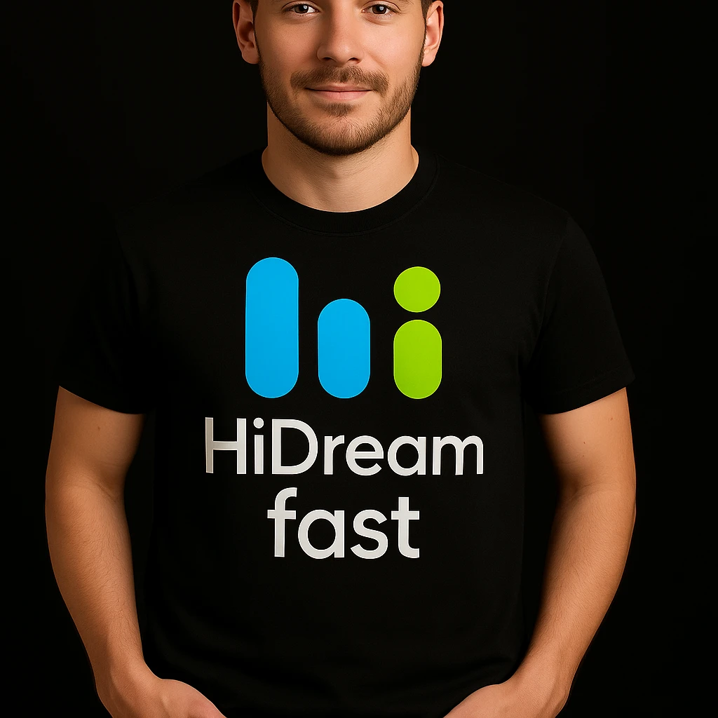 man wearing tshirt with this logo, dark night background with dim , add fast below logo emoji