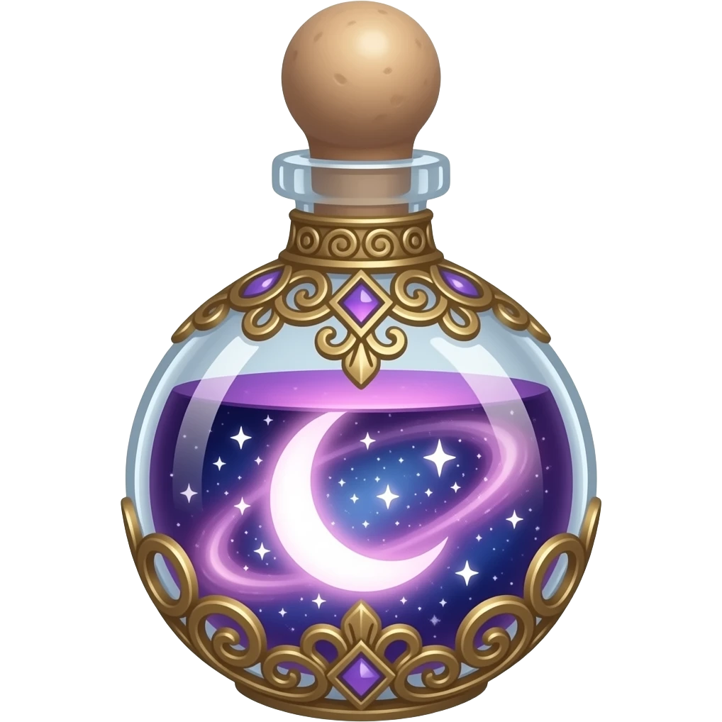 ornate glass vial with metallic filigree, swirling cosmic nebula inside, glowing purple‑pink‑blue light, crescent moon and tiny stars suspended in liquid, ethereal magical atmosphere emoji