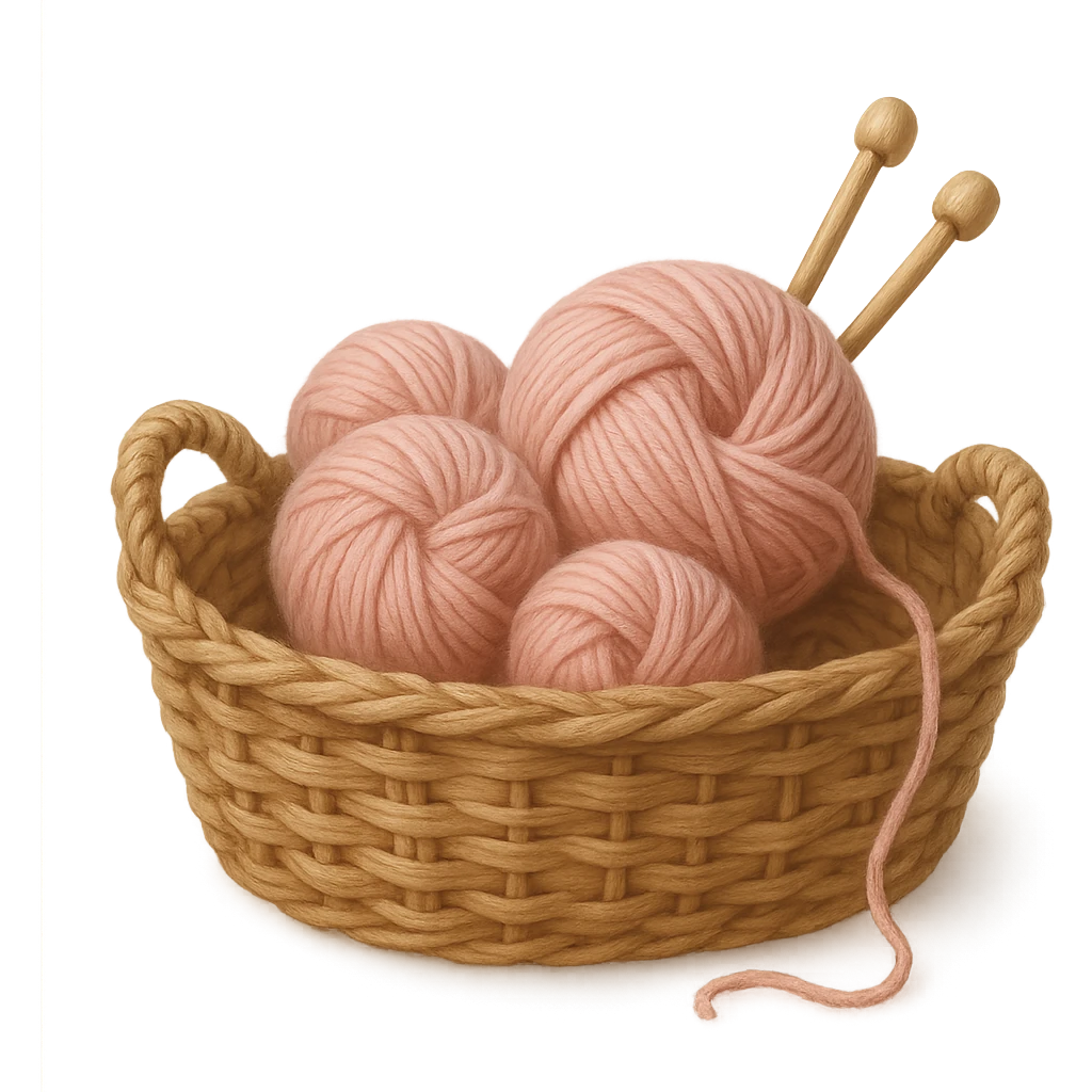 pink cozy basket of yarn and knitting needles, soft and inviting emoji