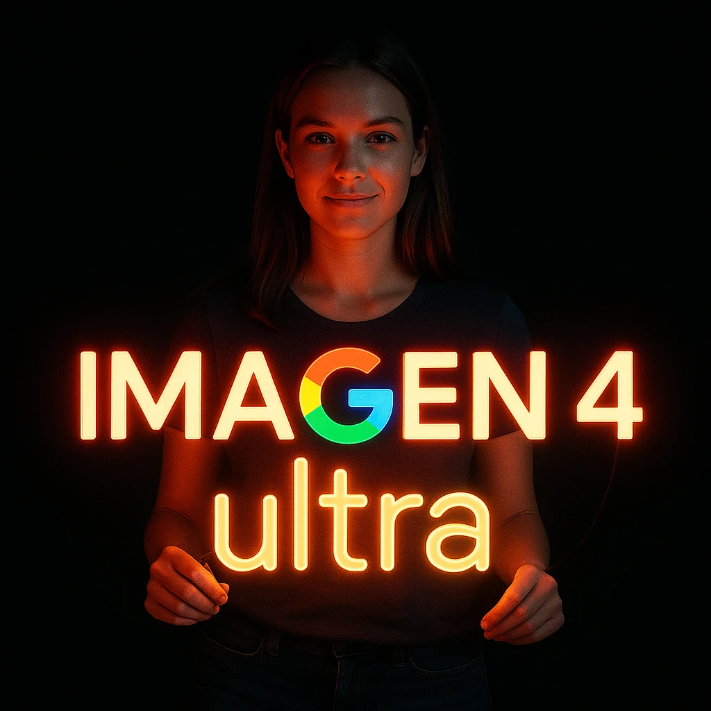 make a girl holding this sign, but sign in made of neon, also add ultra below the sign emoji