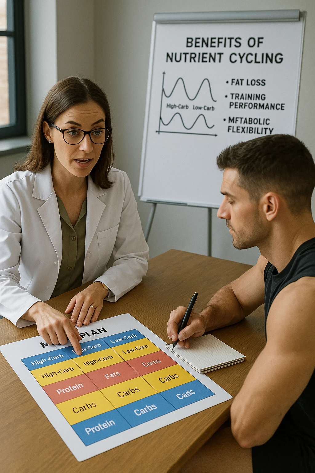 a nutritionist explains to an athlete how to cycle macronutrients for fat loss and training. On the desk, a weekly meal planner shows alternating high-carb and low-carb days, with color-coded sections for proteine, grassi, and carbo. The athlete takes notes, and a chart in the background illustrates the benefits of nutrient cycling. The mood is professional and educational. scritto in italiano emoji
