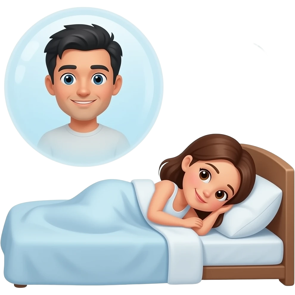 A short woman with brown hair is tucked in bed while an apparition of a man with dark hair floats in the air above her in a white bubble. Chat text next to the man reads: "sleep sweet" emoji
