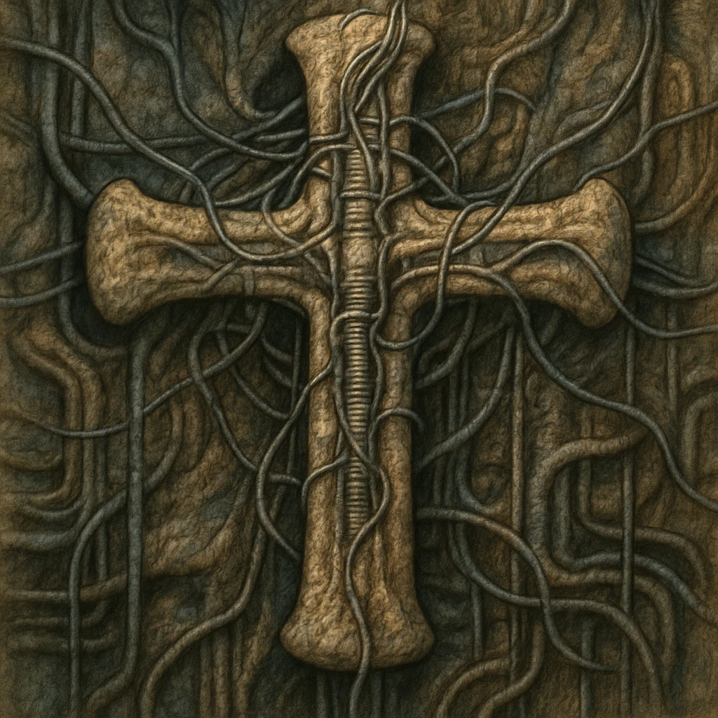a biomechanical cross, merging wires and organic textures, in the style of H.R. Giger emoji