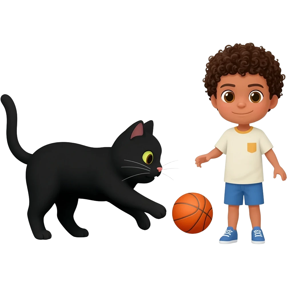 Black cat playing with orange basketball and a little white boy with curly hair emoji