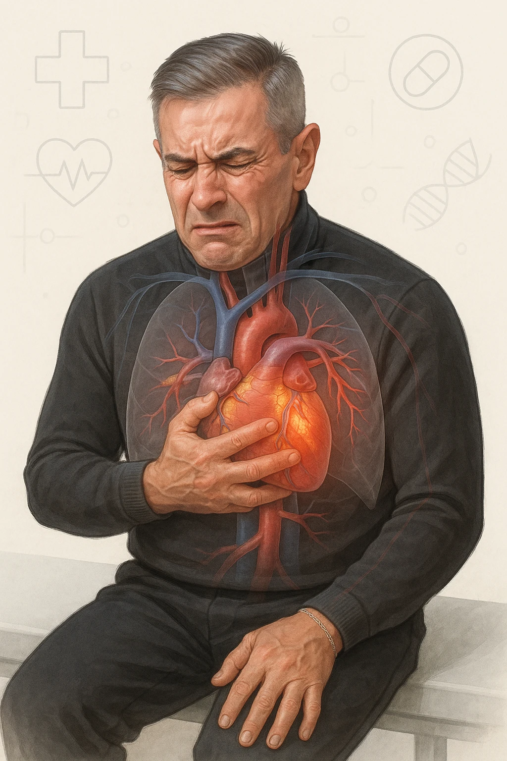 a middle-aged man sits on a bench, clutching his chest with a pained expression. His face is pale and sweaty, and his posture is hunched forward. A transparent overlay reveals his heart and major blood vessels, with highlighted areas indicating blockages or damage. The background is clean and clinical, with subtle medical icons. emoji