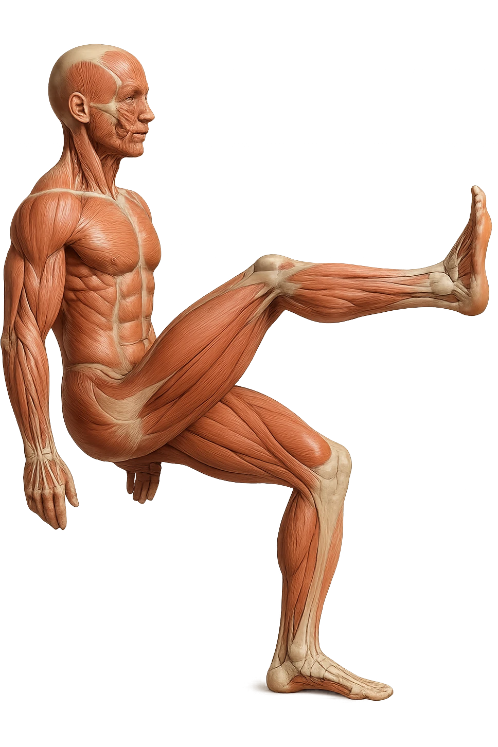 CORPO UMANO ANATOMICO REALISTICO CHE FA UN ESERCIZIO DI MOBILITà ARTICOLARE ALLE GAMBE, IPERREALISTICO 4K emoji