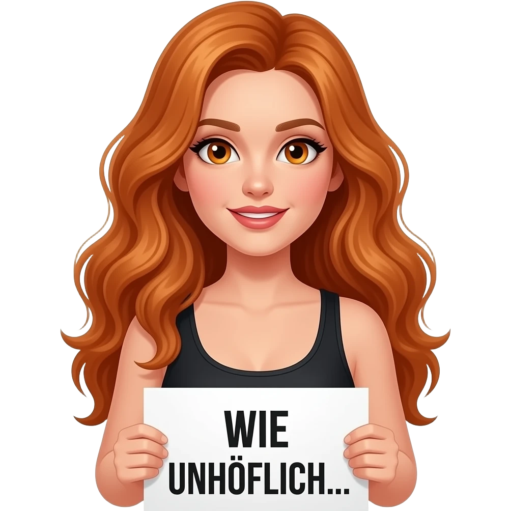 sexy girl with long wavy ginger hair and ginger eyes wearing a black tanktop is holding a white sign with WIE UNHÖFLICH... written on it emoji
