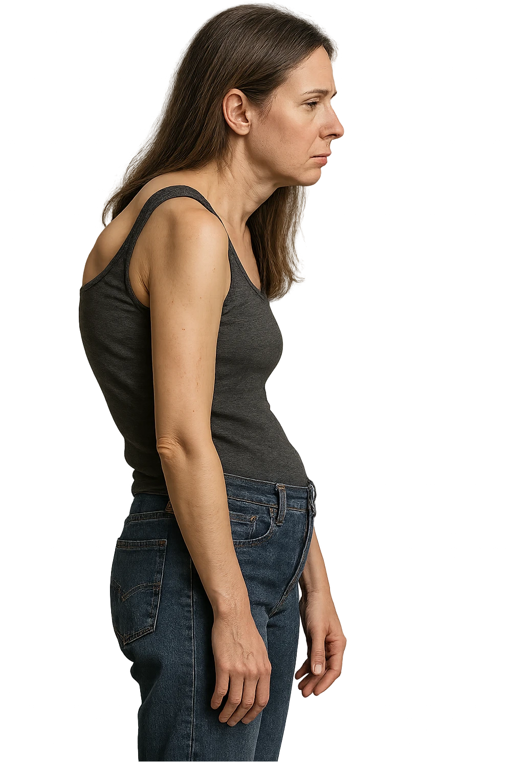 fai immagine identica ma di una donna con capelli lunghi, iperrealistico 4k, postura storta con spina dorsale storta emoji
