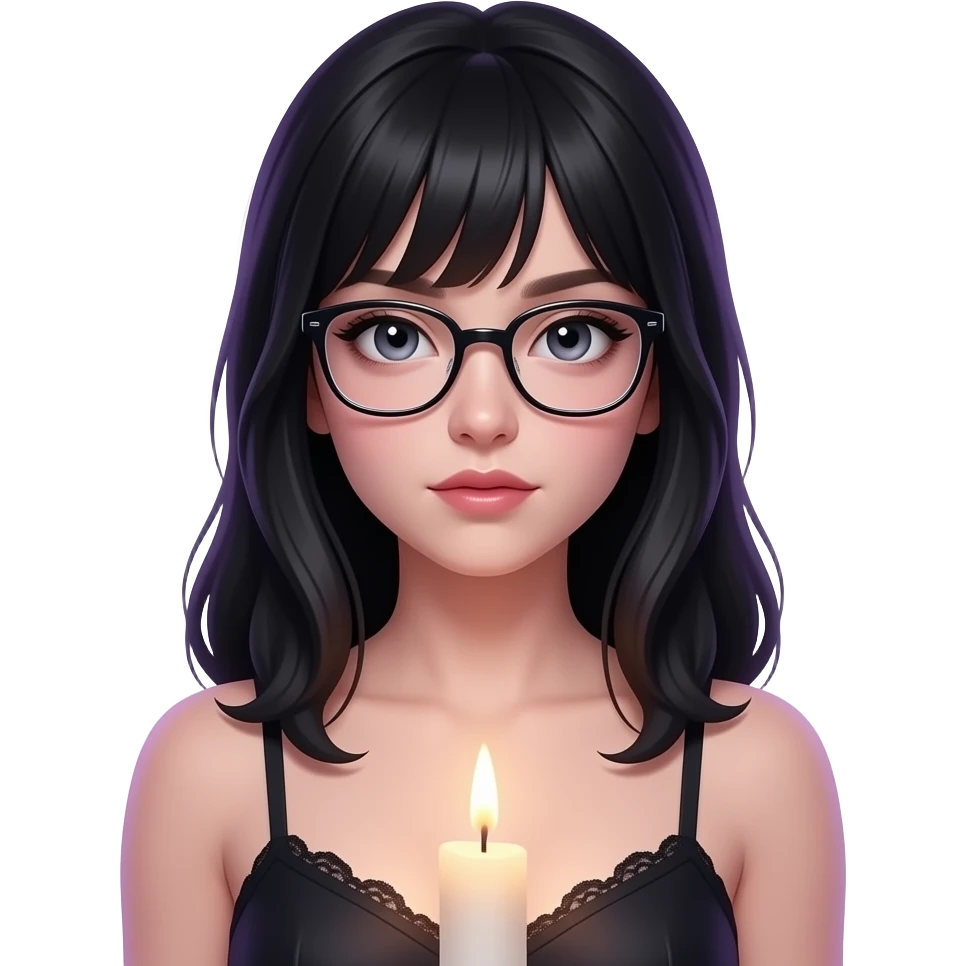 A sexy young Gothic girl with light skin, black hair, and glasses, naked emoji
